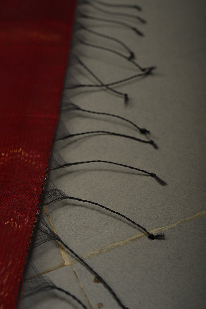 Maroon-Gold Half-and-Half Tissue Stripes Maheshwari Silk Cotton Saree and Minimal Zari Border | SHOBITAM