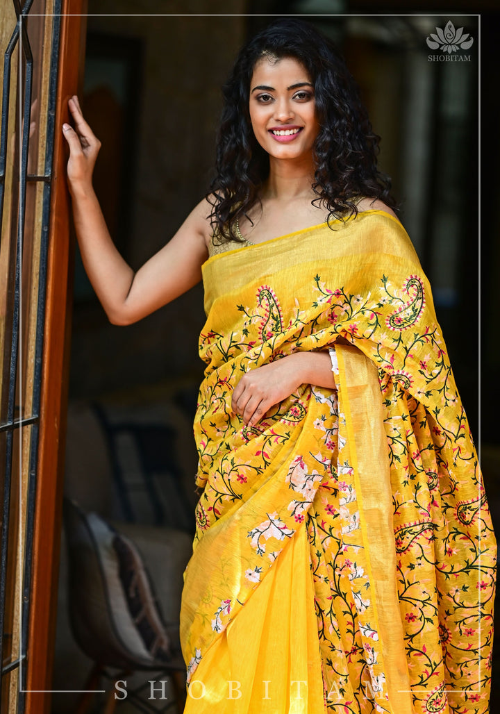 Silk Linen Saree in Yellow with Floral Half Jaal Embroidery