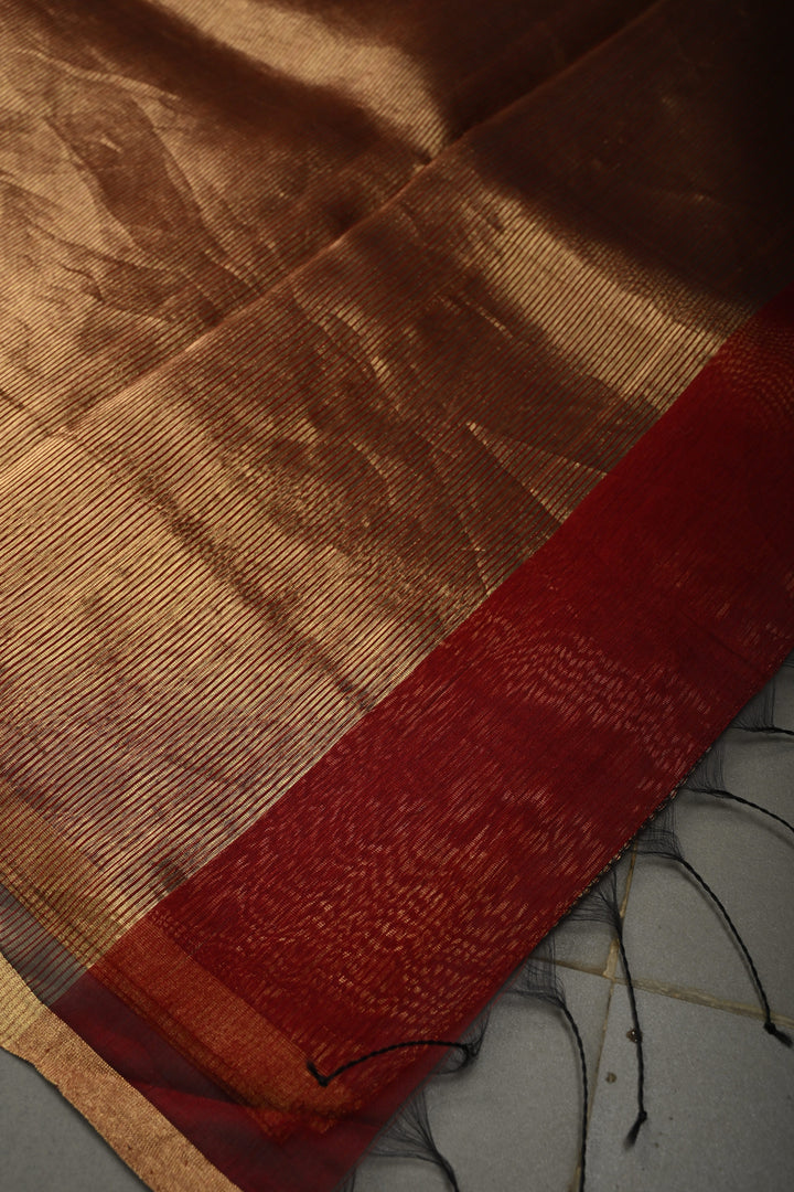Maroon-Gold Half-and-Half Tissue Stripes Maheshwari Silk Cotton Saree and Minimal Zari Border | SHOBITAM