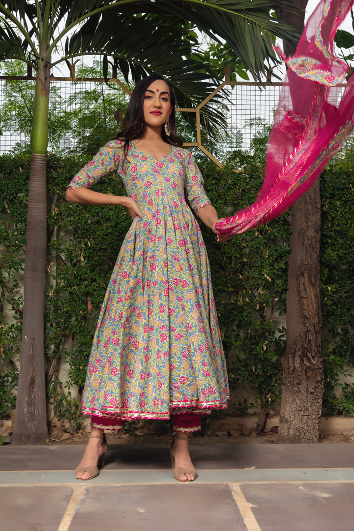 JAIPURI HAND BLOCK COTTON ANARKALI SET | SHOBITAM