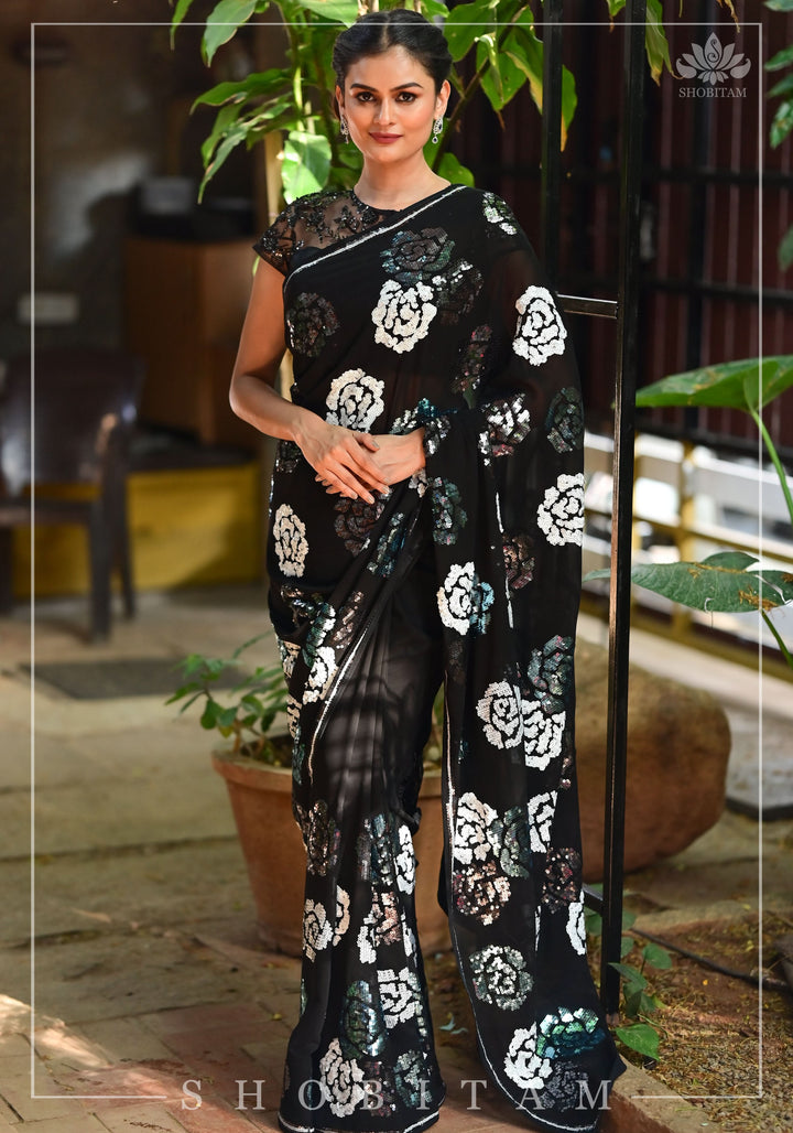 Georgette Saree with Rose Sequin work in Black