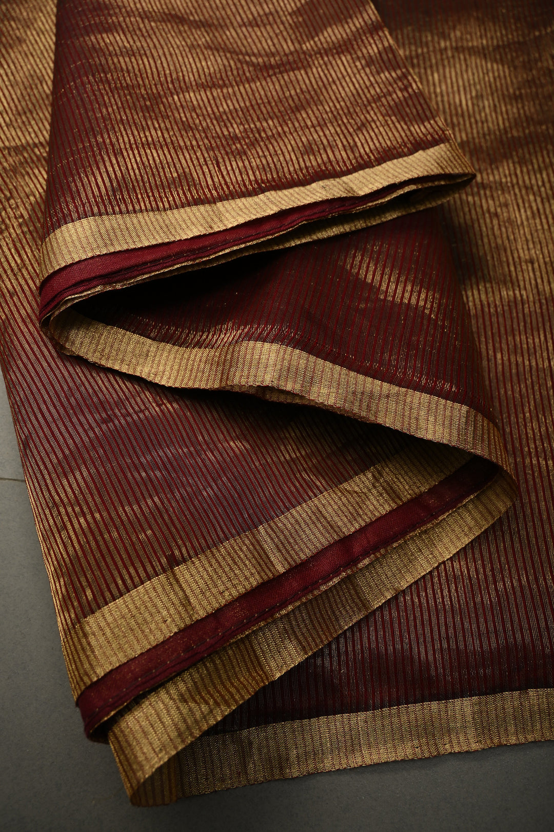 Maroon-Gold Half-and-Half Tissue Stripes Maheshwari Silk Cotton Saree and Minimal Zari Border | SHOBITAM