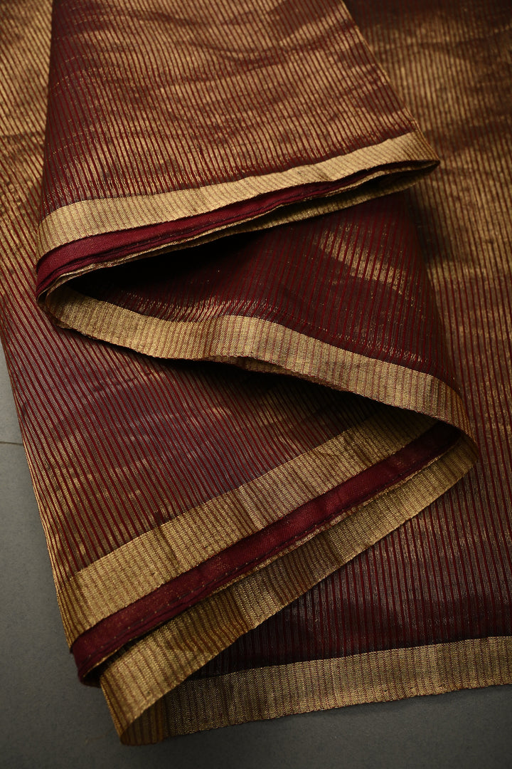 Maroon-Gold Half-and-Half Tissue Stripes Maheshwari Silk Cotton Saree and Minimal Zari Border | SHOBITAM