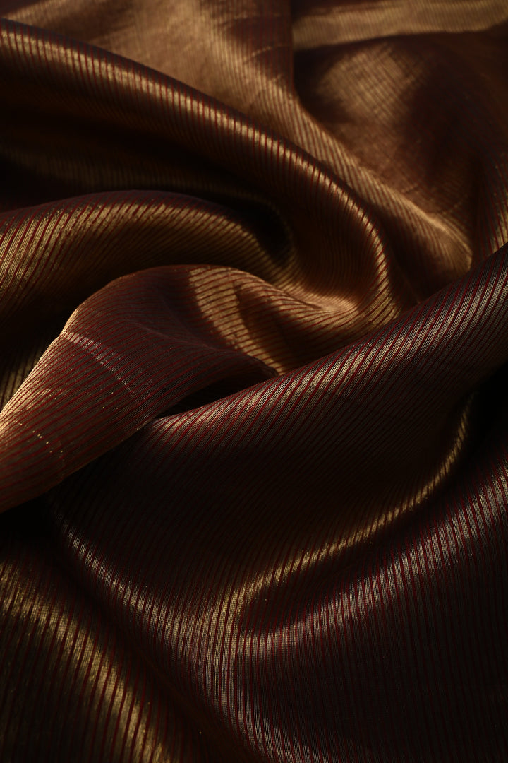 Maroon-Gold Half-and-Half Tissue Stripes Maheshwari Silk Cotton Saree and Minimal Zari Border | SHOBITAM
