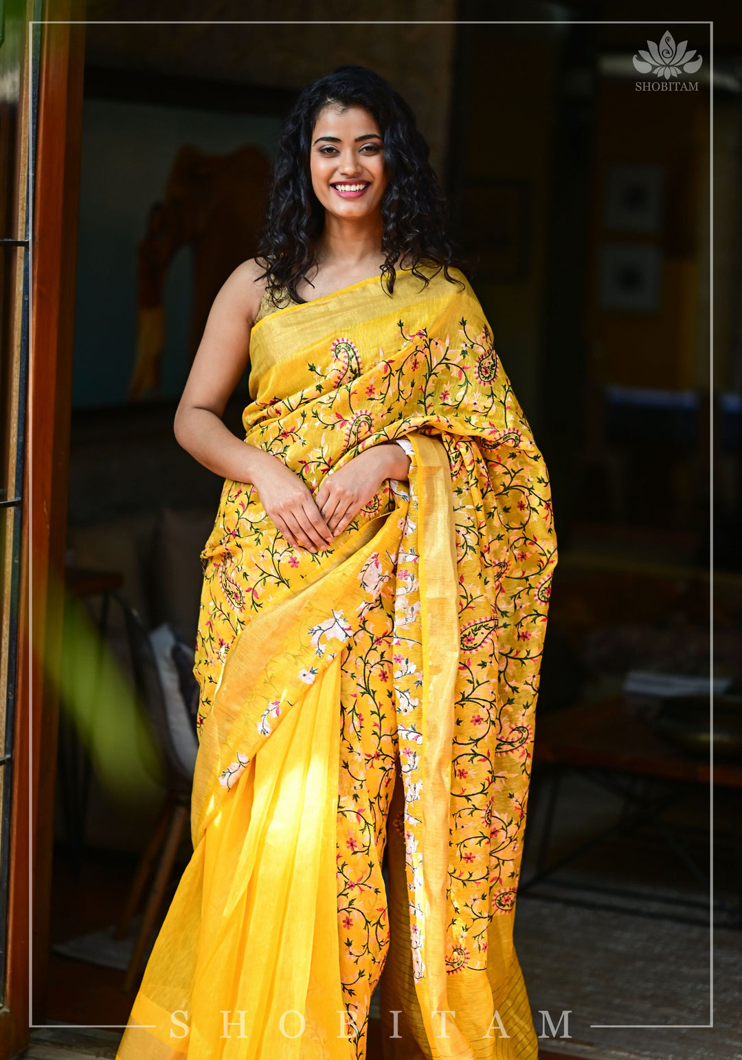 Silk Linen Saree in Yellow with Floral Half Jaal Embroidery