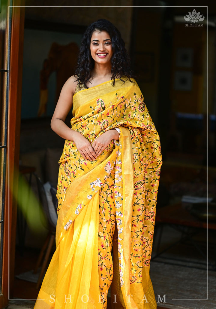 Silk Linen Saree in Yellow with Floral Half Jaal Embroidery