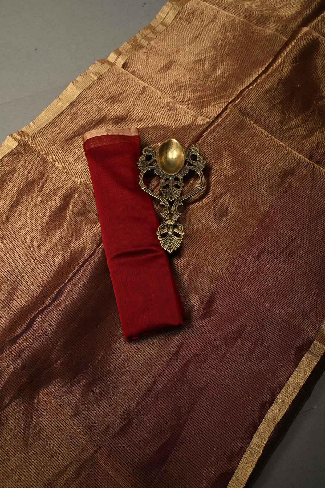 Maroon-Gold Half-and-Half Tissue Stripes Maheshwari Silk Cotton Saree and Minimal Zari Border | SHOBITAM
