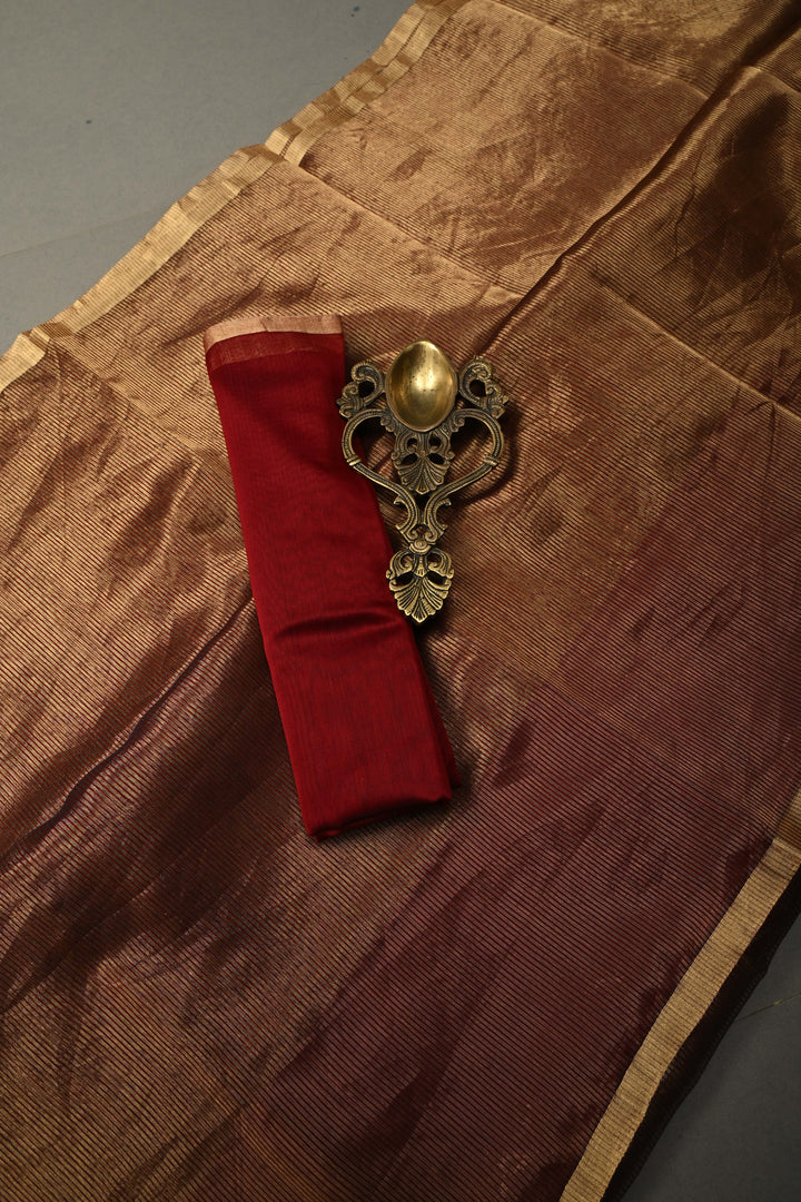 Maroon-Gold Half-and-Half Tissue Stripes Maheshwari Silk Cotton Saree and Minimal Zari Border | SHOBITAM