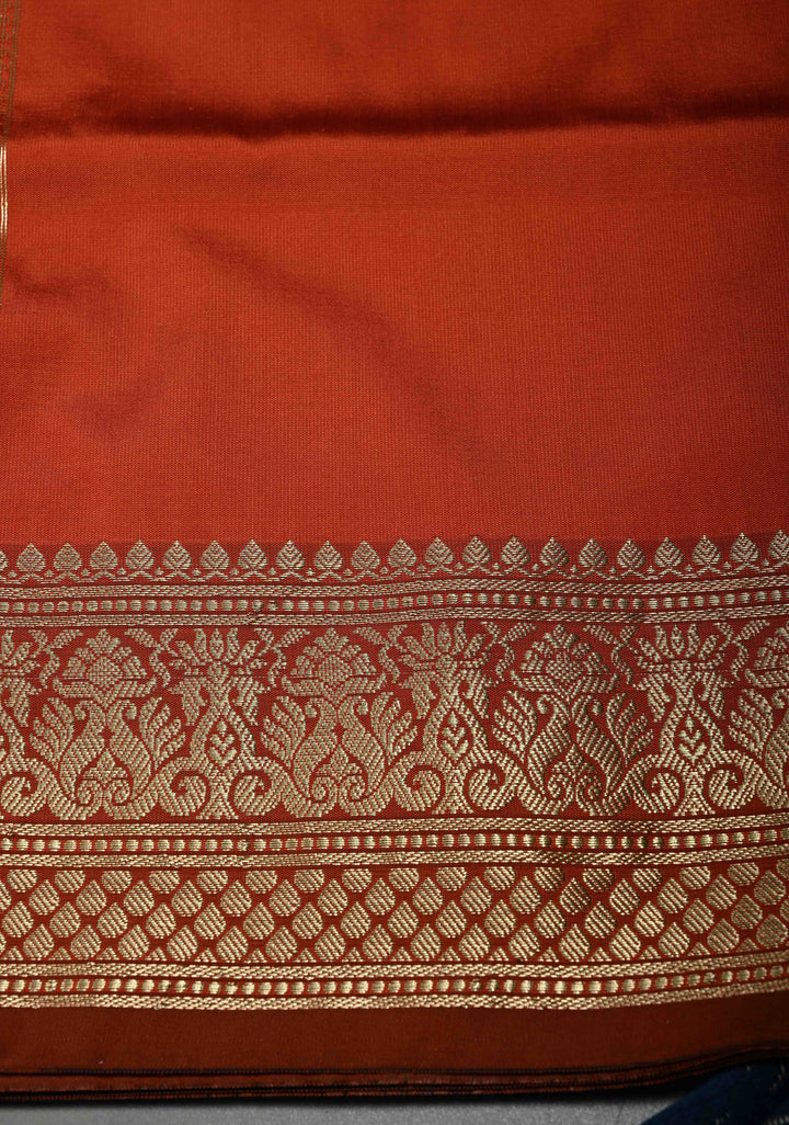 Rust Orange Semi Silk Saree with Metallic Gold Zari Border