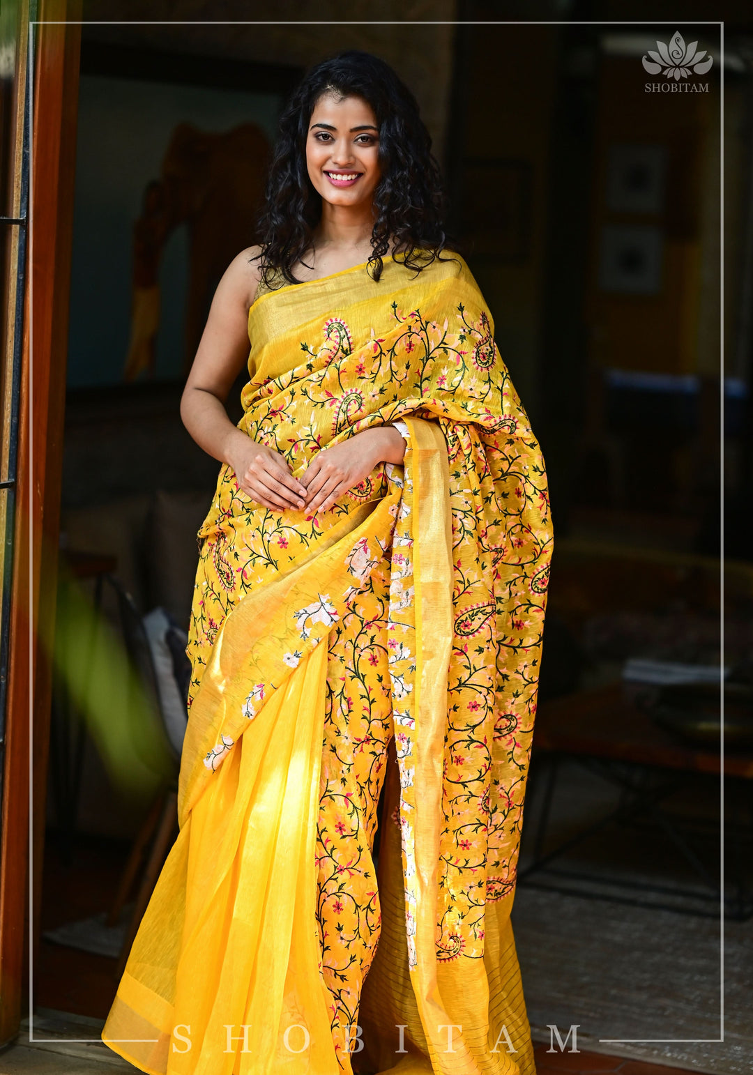 Silk Linen Saree in Yellow with Floral Half Jaal Embroidery