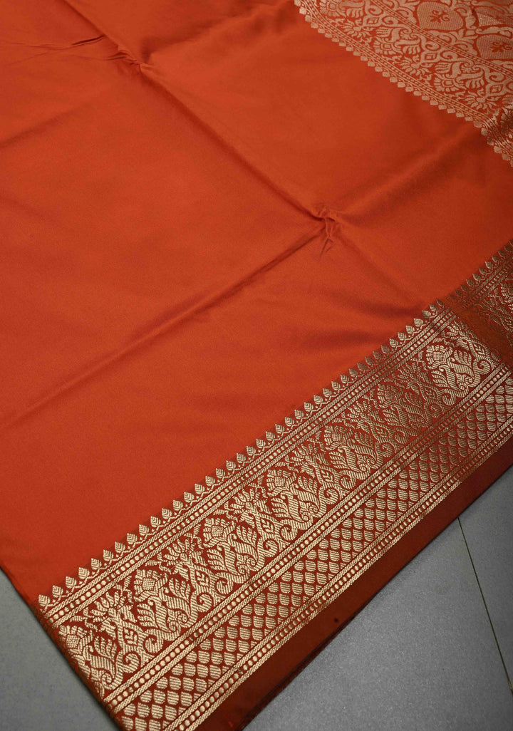 Rust Orange Semi Silk Saree with Metallic Gold Zari Border
