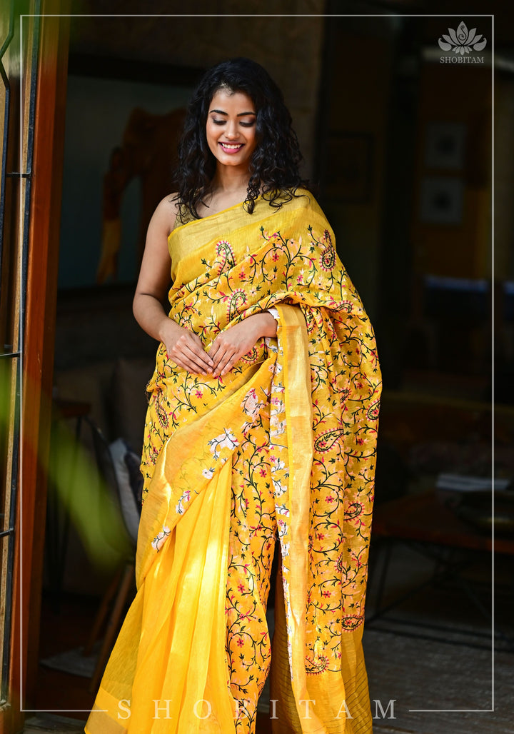 Silk Linen Saree in Yellow with Floral Half Jaal Embroidery