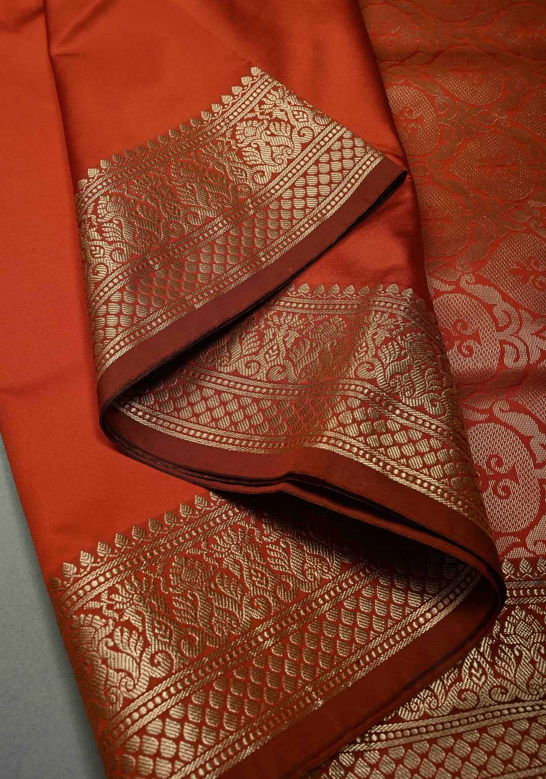 Rust Orange Semi Silk Saree with Metallic Gold Zari Border