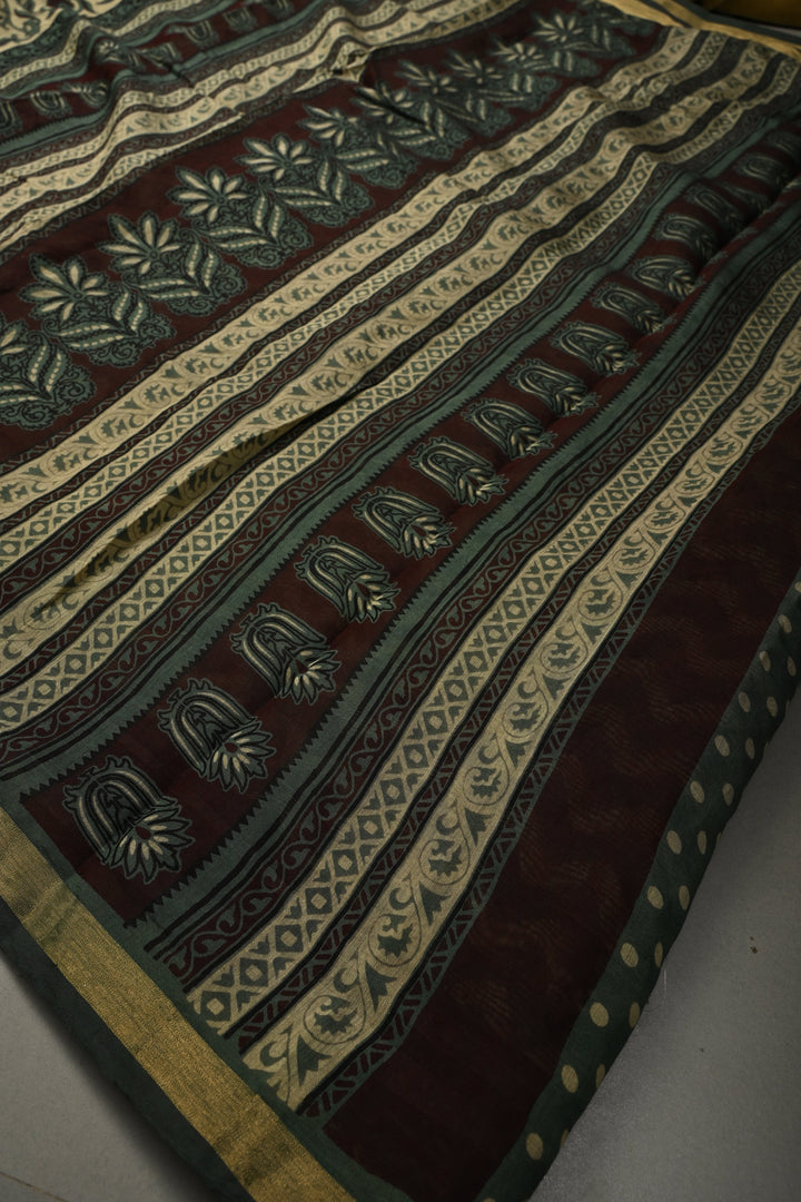 Beige Mercerized cotton Saree with Hand Block Print and Minimal Zari Border | SHOBITAM