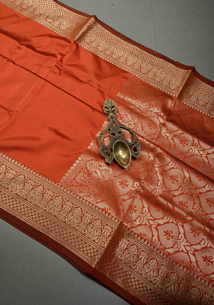 Rust Orange Semi Silk Saree with Metallic Gold Zari Border