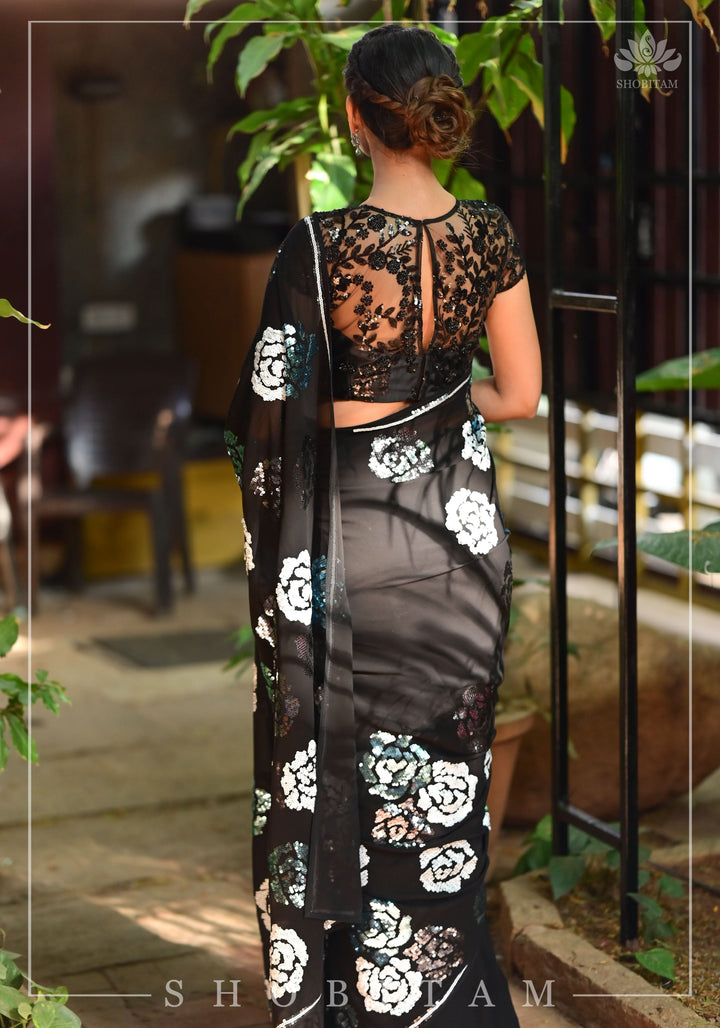 Georgette Saree with Rose Sequin work in Black