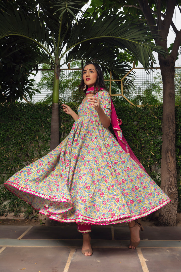 JAIPURI HAND BLOCK COTTON ANARKALI SET | SHOBITAM
