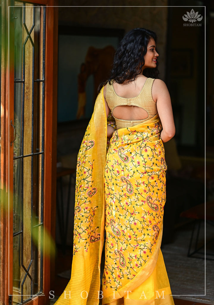 Silk Linen Saree in Yellow with Floral Half Jaal Embroidery