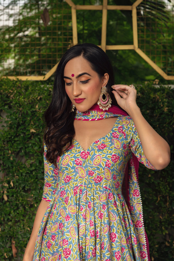 JAIPURI HAND BLOCK COTTON ANARKALI SET | SHOBITAM