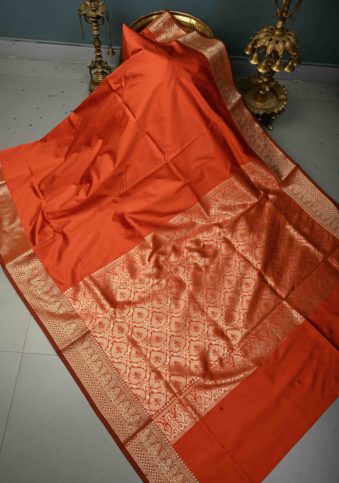 Rust Orange Semi Silk Saree with Metallic Gold Zari Border