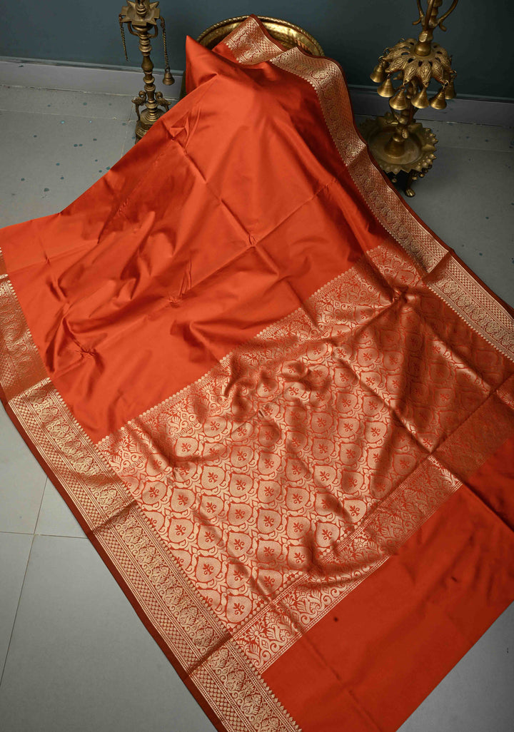Rust Orange Semi Silk Saree with Metallic Gold Zari Border