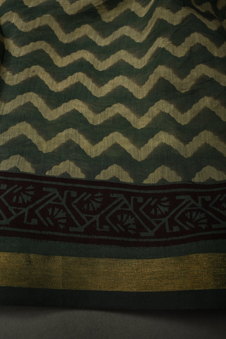 Beige Mercerized cotton Saree with Hand Block Print and Minimal Zari Border | SHOBITAM