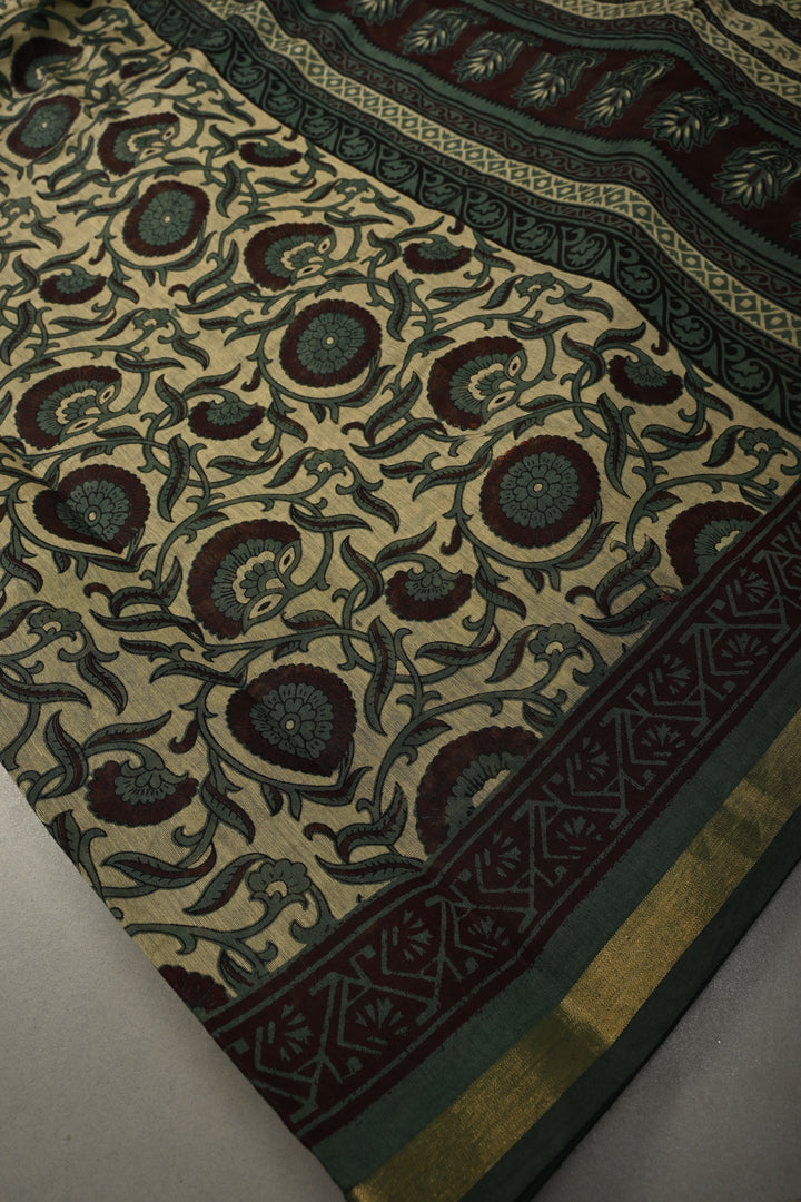 Beige Mercerized cotton Saree with Hand Block Print and Minimal Zari Border | SHOBITAM