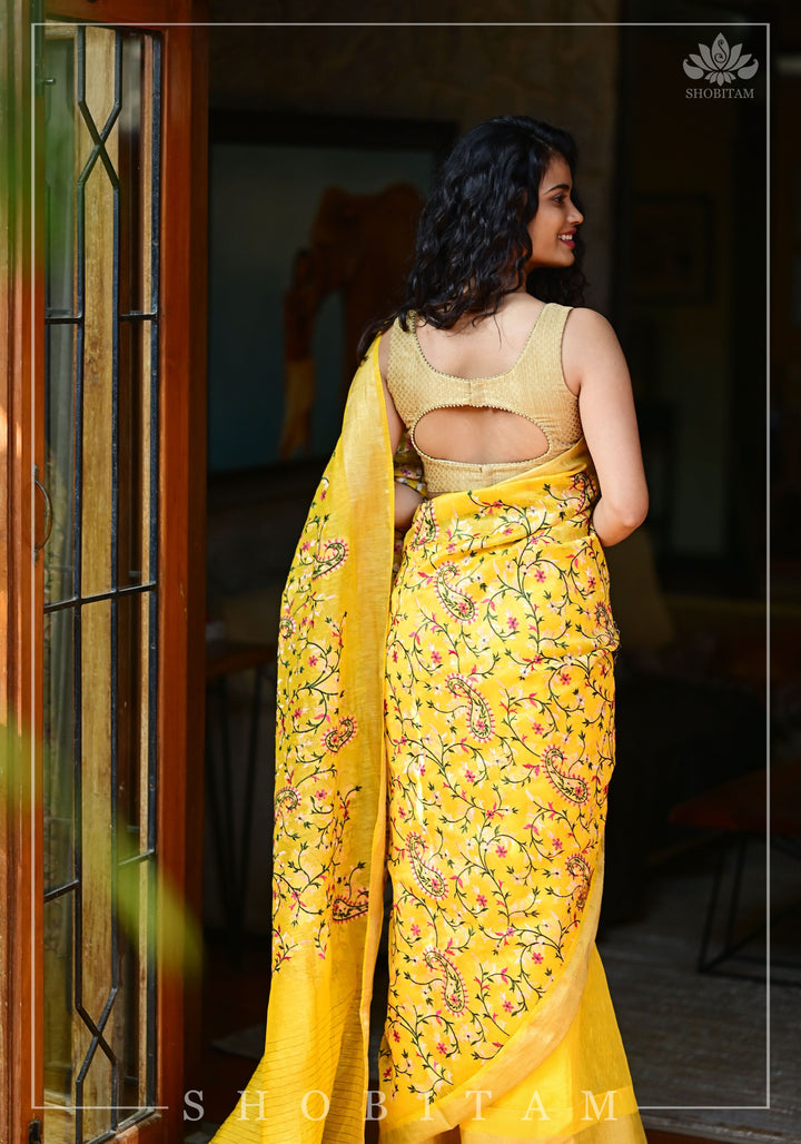 Silk Linen Saree in Yellow with Floral Half Jaal Embroidery