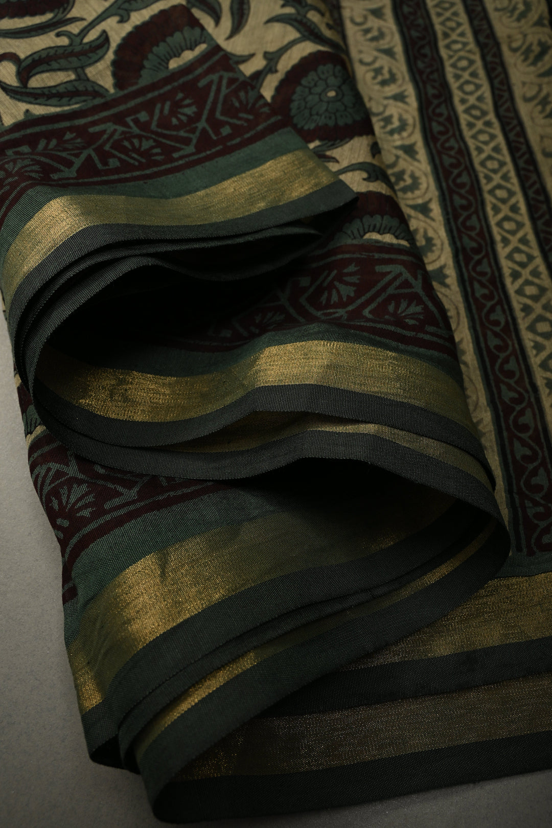 Beige Mercerized cotton Saree with Hand Block Print and Minimal Zari Border | SHOBITAM