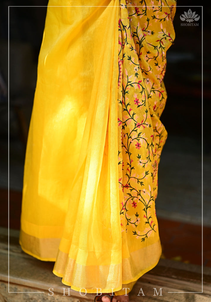 Silk Linen Saree in Yellow with Floral Half Jaal Embroidery