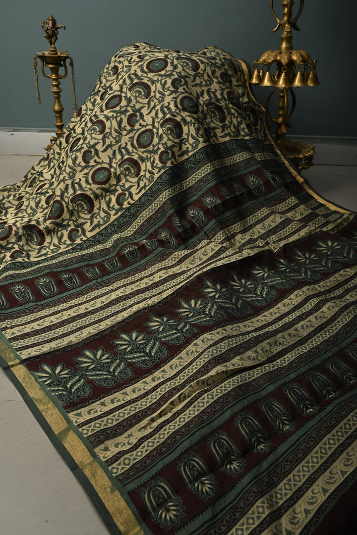 Beige Mercerized cotton Saree with Hand Block Print and Minimal Zari Border | SHOBITAM