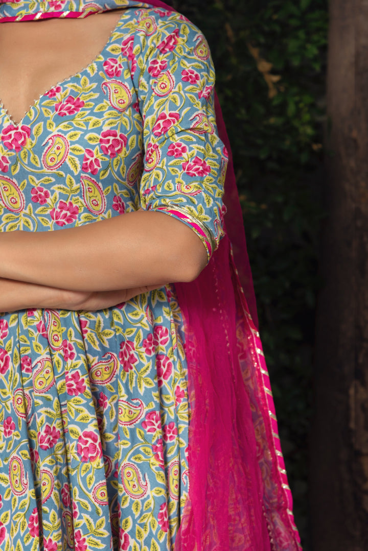 JAIPURI HAND BLOCK COTTON ANARKALI SET | SHOBITAM
