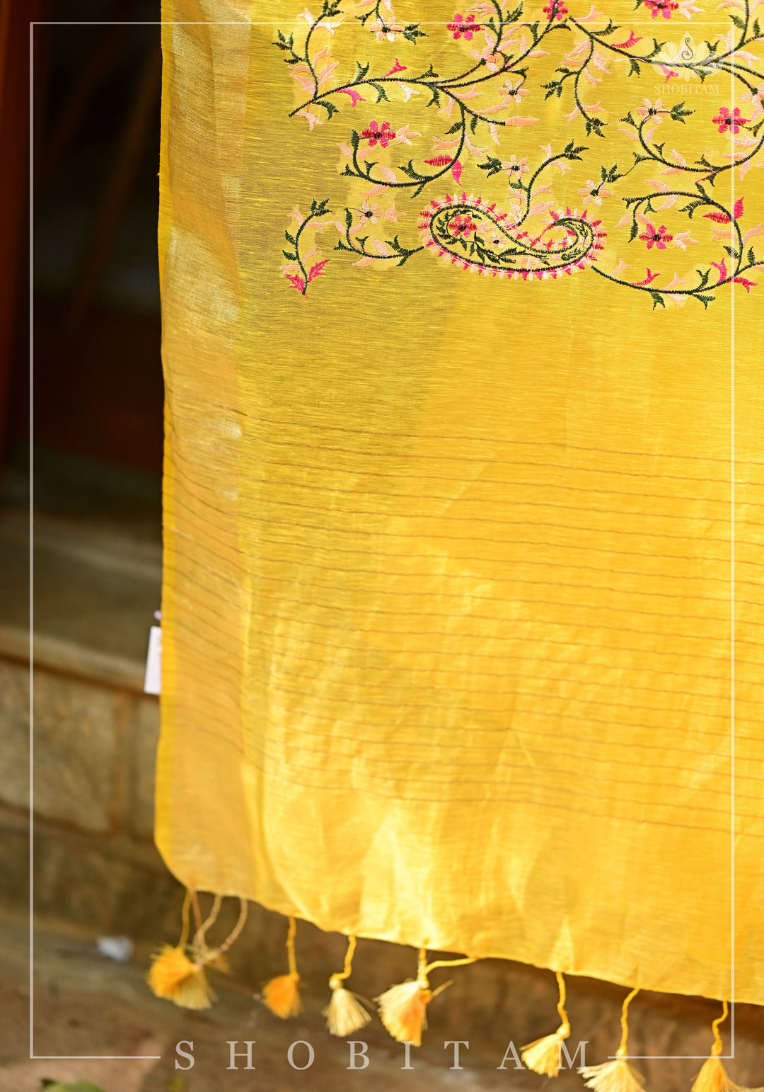 Silk Linen Saree in Yellow with Floral Half Jaal Embroidery