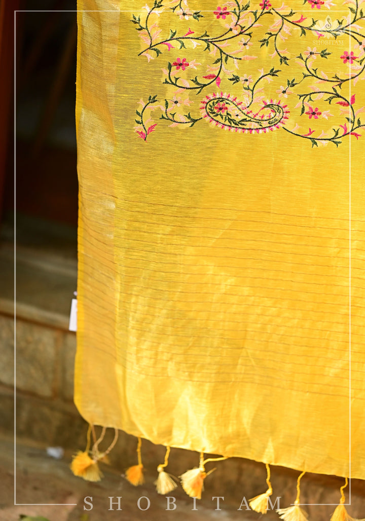 Silk Linen Saree in Yellow with Floral Half Jaal Embroidery