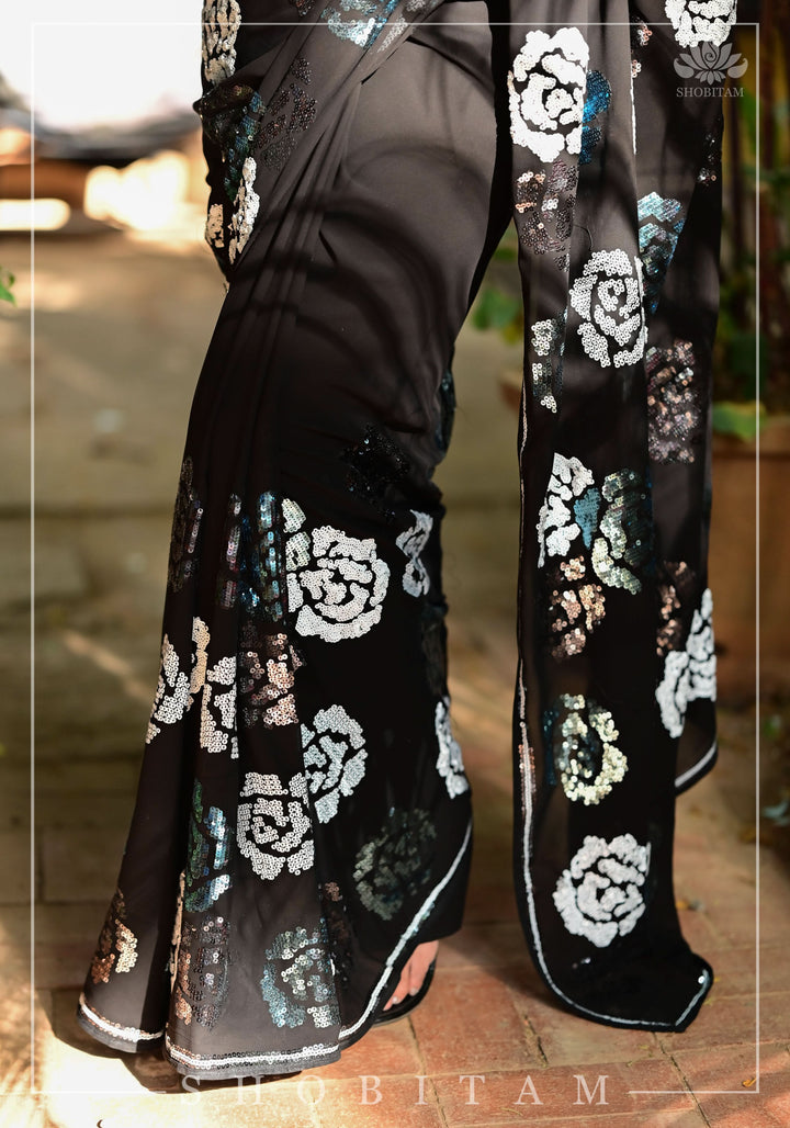 Georgette Saree with Rose Sequin work in Black