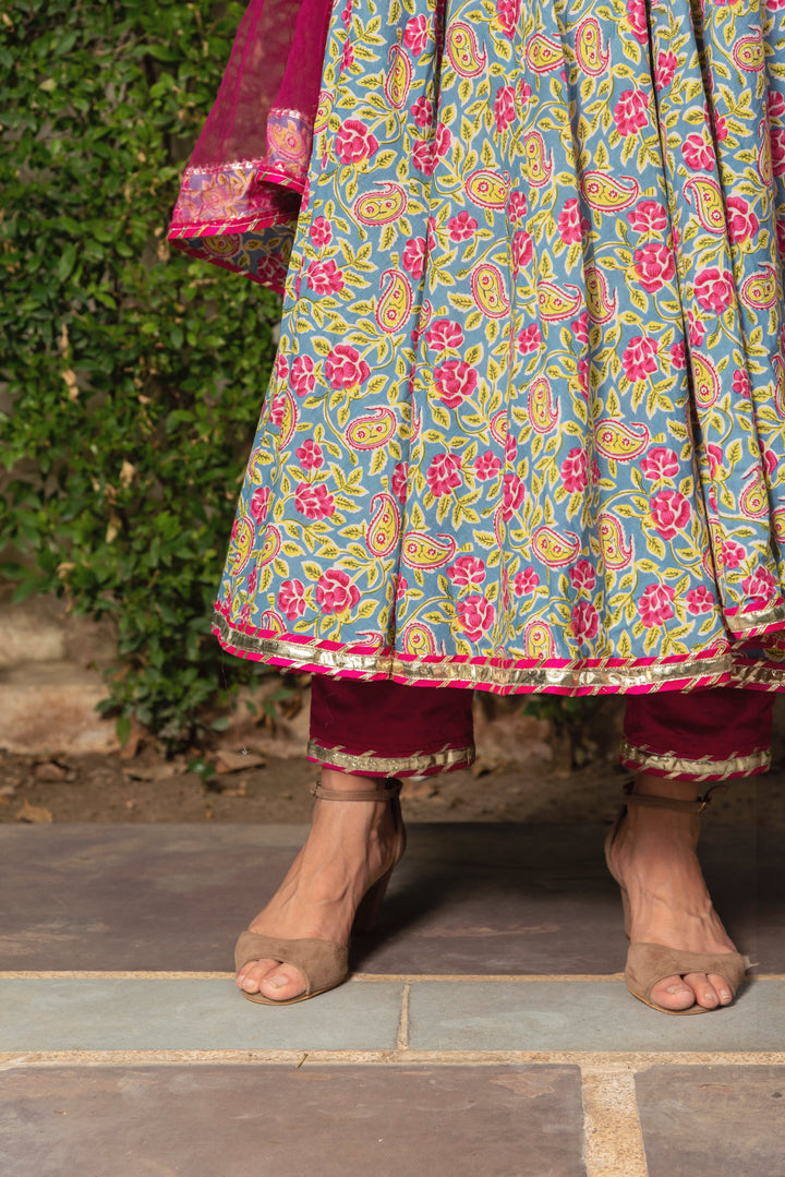 JAIPURI HAND BLOCK COTTON ANARKALI SET | SHOBITAM