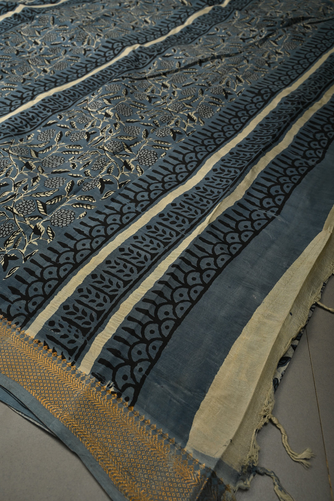 White-Blue Mangalagiri Cotton Saree with Floral Jaal Hand Block Print and Zari Border | SHOBITAM