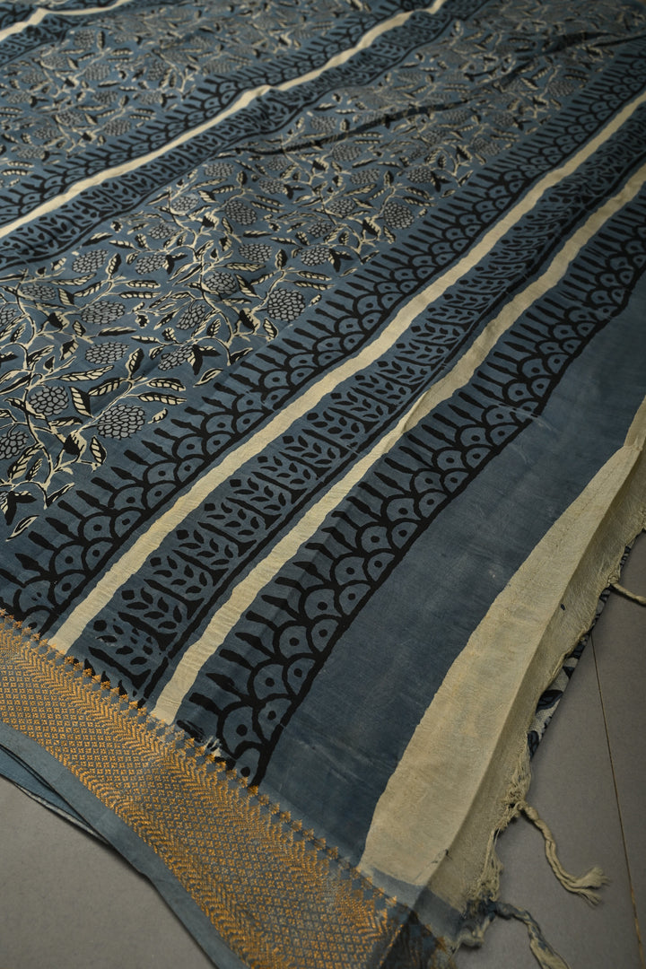 White-Blue Mangalagiri Cotton Saree with Floral Jaal Hand Block Print and Zari Border | SHOBITAM