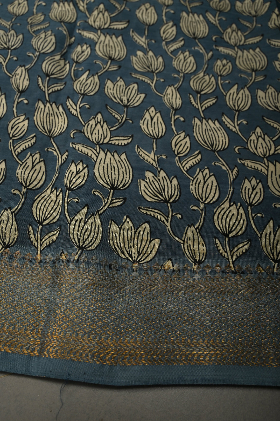White-Blue Mangalagiri Cotton Saree with Floral Jaal Hand Block Print and Zari Border | SHOBITAM