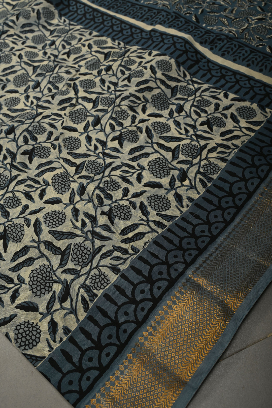 White-Blue Mangalagiri Cotton Saree with Floral Jaal Hand Block Print and Zari Border | SHOBITAM