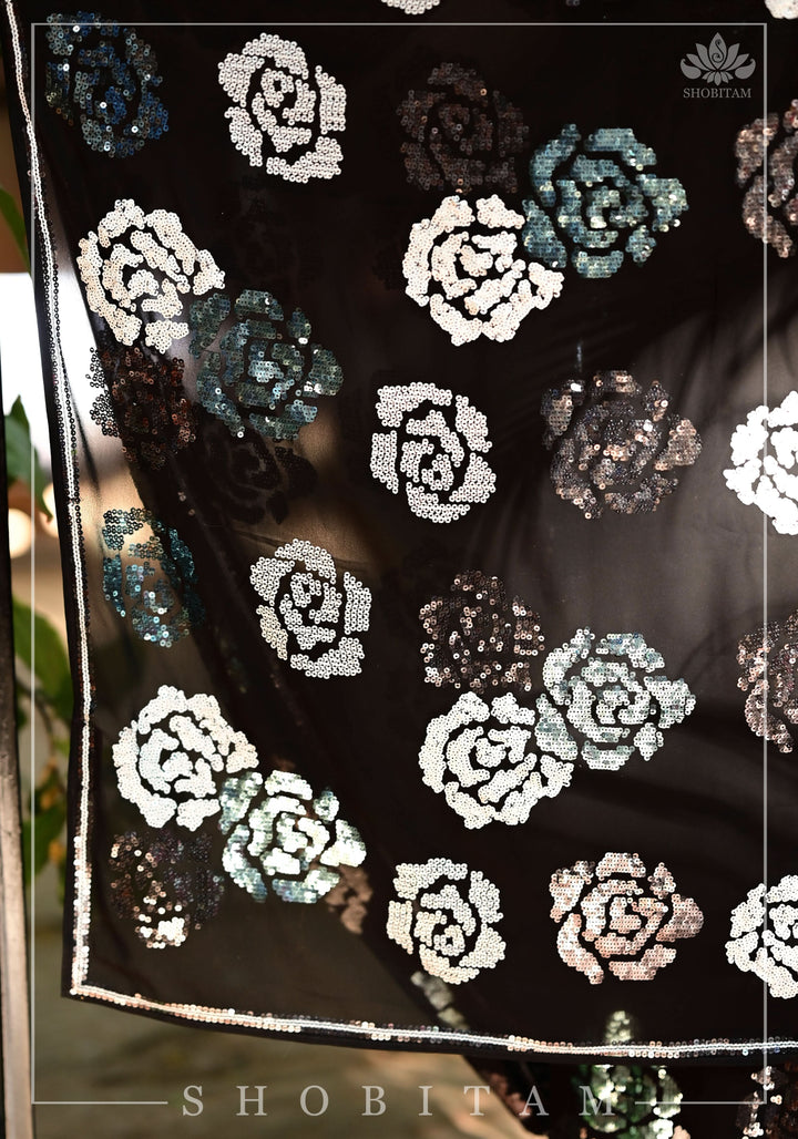 Georgette Saree with Rose Sequin work in Black