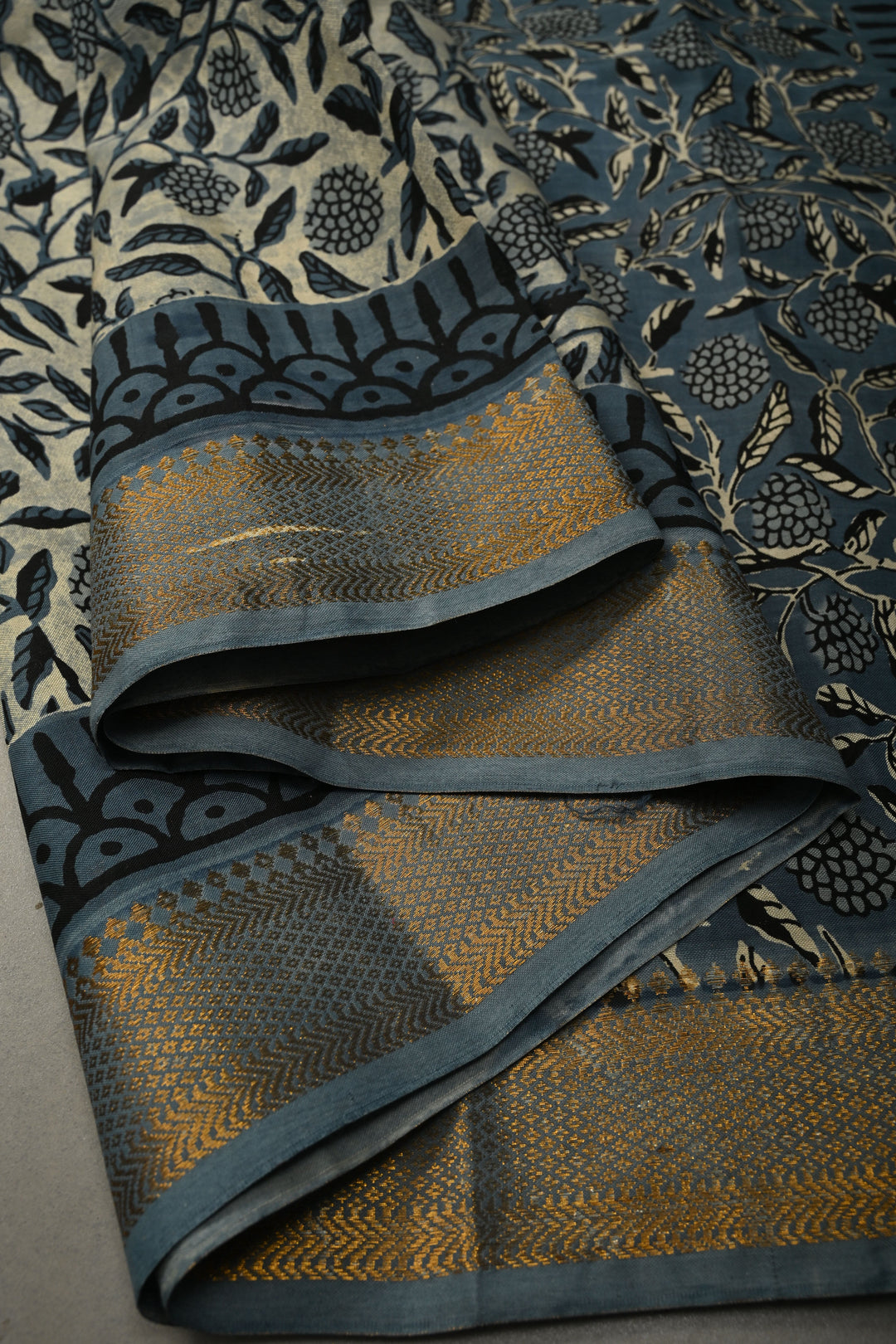 White-Blue Mangalagiri Cotton Saree with Floral Jaal Hand Block Print and Zari Border | SHOBITAM