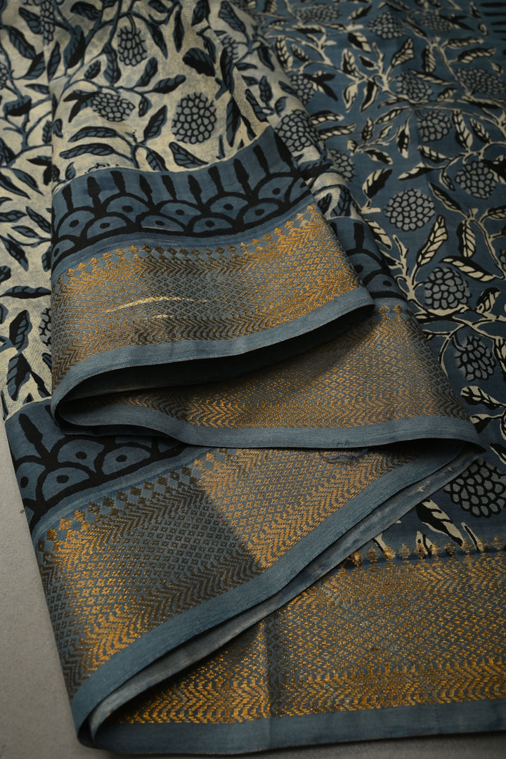 White-Blue Mangalagiri Cotton Saree with Floral Jaal Hand Block Print and Zari Border | SHOBITAM