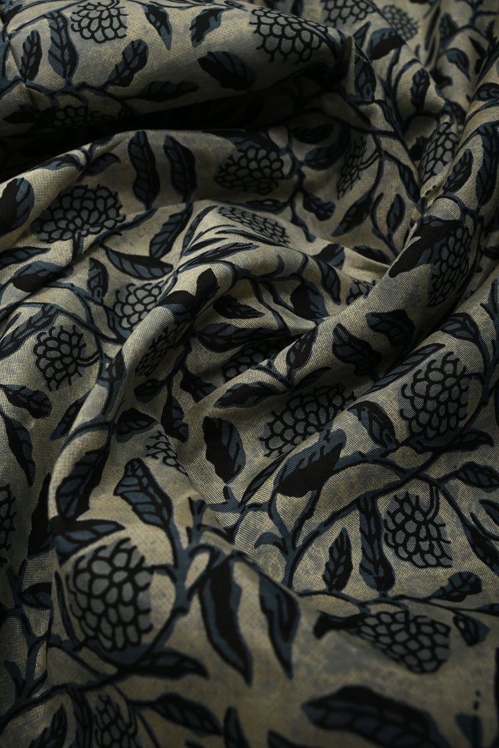 White-Blue Mangalagiri Cotton Saree with Floral Jaal Hand Block Print and Zari Border | SHOBITAM