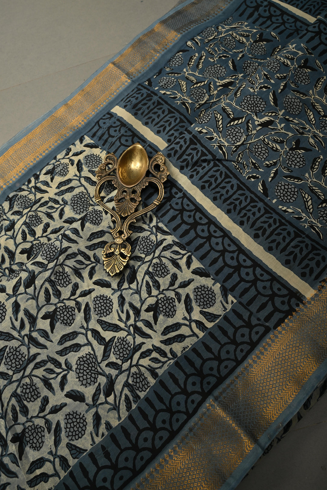 White-Blue Mangalagiri Cotton Saree with Floral Jaal Hand Block Print and Zari Border | SHOBITAM