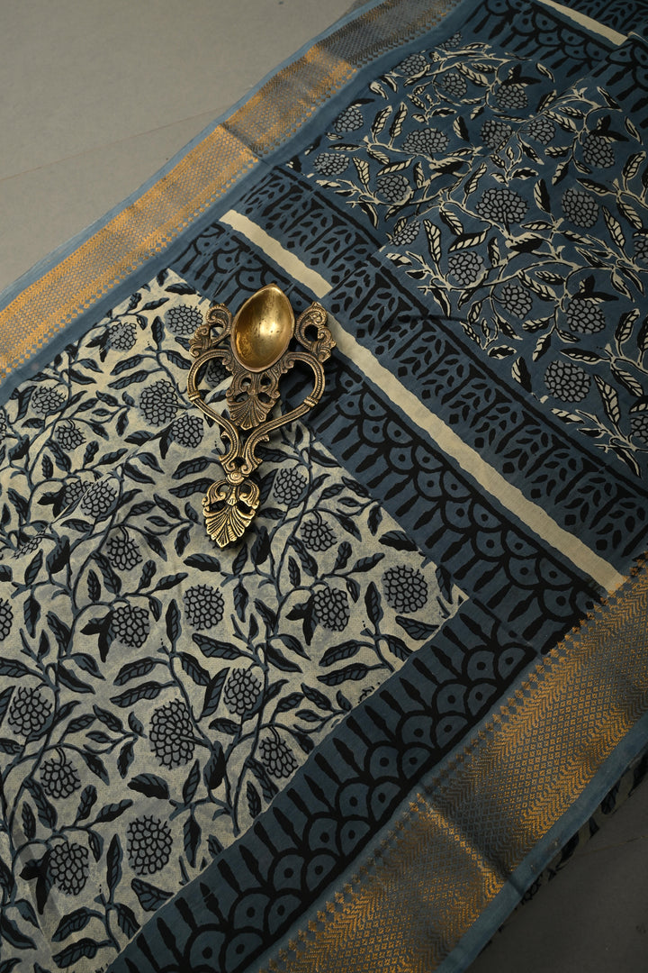 White-Blue Mangalagiri Cotton Saree with Floral Jaal Hand Block Print and Zari Border | SHOBITAM