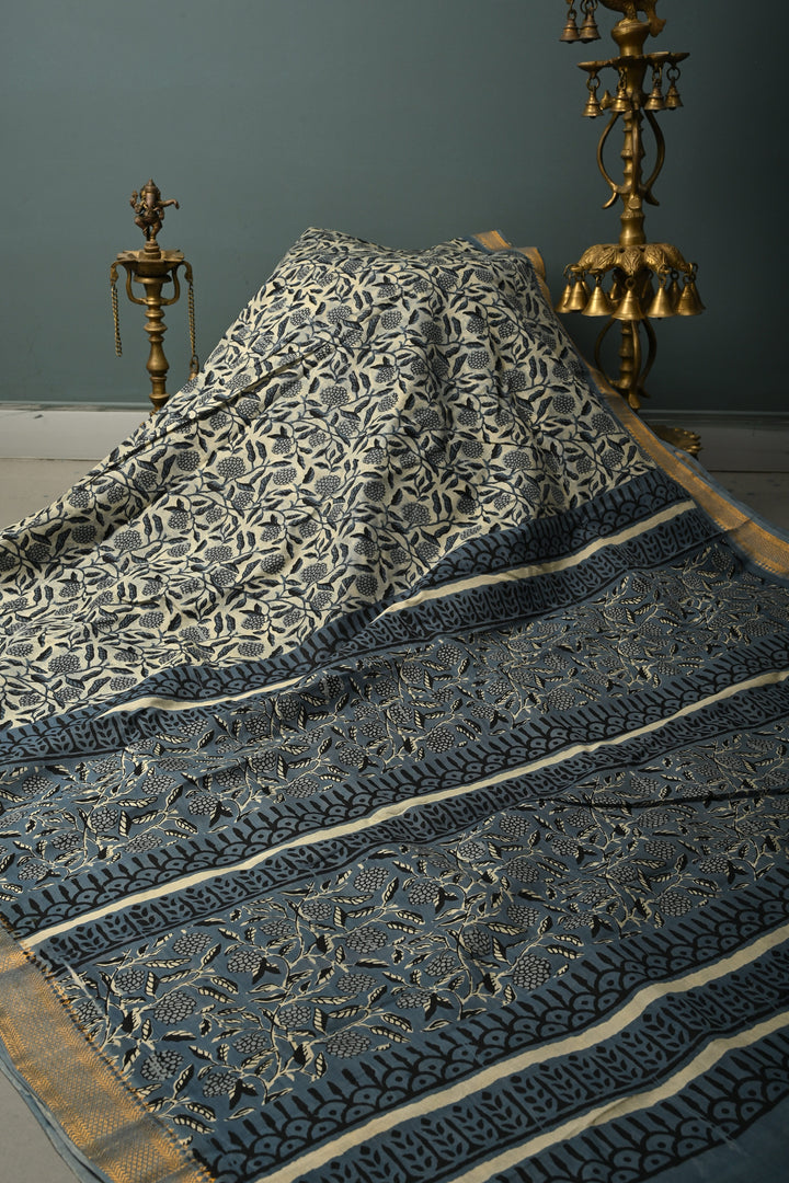 White-Blue Mangalagiri Cotton Saree with Floral Jaal Hand Block Print and Zari Border | SHOBITAM