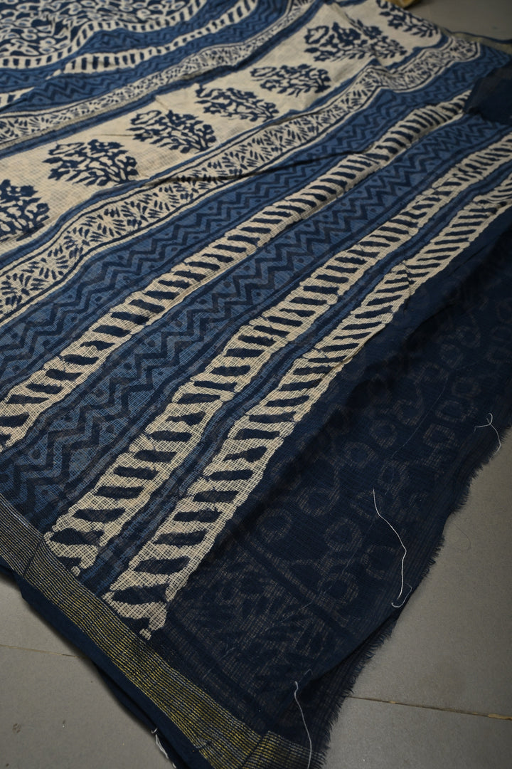 Navy Blue Kota Doria Cotton Saree with Hand Block Print and Minimal Tissue Zari Border | SHOBITAM