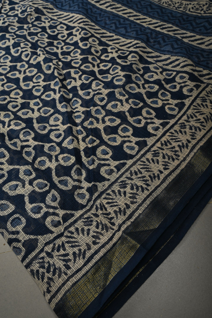 Navy Blue Kota Doria Cotton Saree with Hand Block Print and Minimal Tissue Zari Border | SHOBITAM