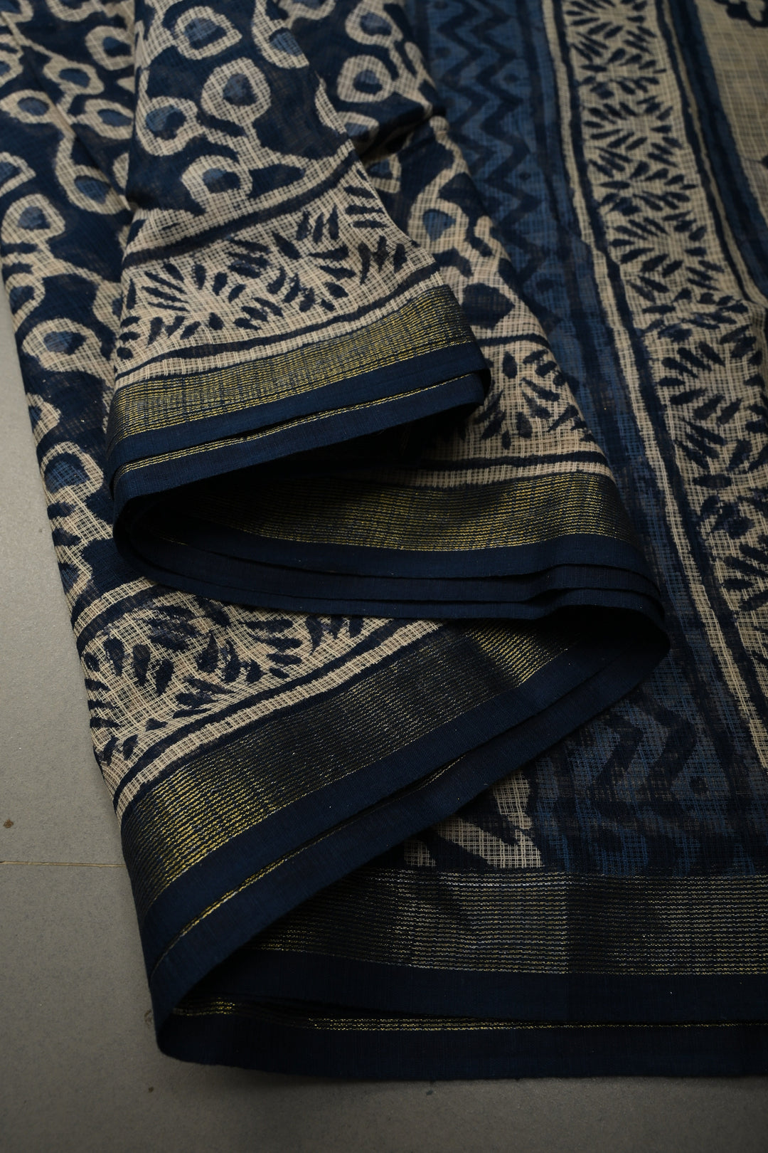 Navy Blue Kota Doria Cotton Saree with Hand Block Print and Minimal Tissue Zari Border | SHOBITAM